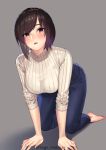  1girl all_fours bangs barefoot beige_sweater blush breasts brown_eyes brown_hair denim eyebrows_visible_through_hair grey_background highres jeans kagematsuri large_breasts mole mole_under_eye open_mouth original pants ribbed_sweater short_hair sweater swept_bangs turtleneck turtleneck_sweater 