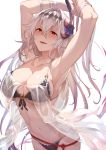 1girl armpits arms_behind_head arms_up bangs bare_shoulders bikini black_bikini breasts cleavage dark_jeanne diadem feathers flower granblue_fantasy hair_between_eyes hair_feathers hair_flower hair_intakes hair_ornament highres hip_focus kakage large_breasts long_hair looking_at_viewer navel open_mouth paid_reward parted_lips red_eyes smile solo swimsuit transparent_background white_hair 