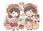  2girls :d ^_^ akb48 apron bag bangs basket black_hair blush bread brown_headwear cabbie_hat chibi closed_eyes closed_eyes collared_shirt food hat holding holding_bag holding_tray jack-o&#039;-lantern long_sleeves mole multiple_girls murayama_yuiri number october okada_nana open_mouth paper_bag pastry pumpkin real_life red_apron shirt short_hair smile socks standing sweet_potato taneda_yuuta tray waist_apron wheat white_legwear witch_hat yakiimo 