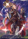  1girl armor black_armor black_gloves closed_mouth clouds company_name copyright_name crown fire_emblem fire_emblem_cipher fire_emblem_heroes full_body gloves grey_hair hair_ornament holding holding_staff horse kureta_(nikogori) long_hair long_sleeves nintendo official_art outdoors red_eyes sky solo staff standing veronica_(fire_emblem) wide_sleeves 