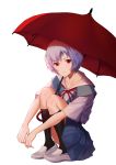  1girl absurdres ayanami_rei black_legwear blue_skirt collarbone full_body grey_footwear heejee8636 highres holding holding_umbrella kneehighs leg_hug looking_at_viewer miniskirt neck_ribbon neon_genesis_evangelion parted_lips pleated_skirt red_eyes red_ribbon red_umbrella ribbon sailor_collar school_uniform shirt short_hair short_sleeves silver_hair skirt solo squatting umbrella white_sailor_collar white_shirt 