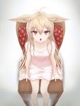  1girl :o animal_ears blonde_hair camisole chair fakegeo fang highres long_hair open_mouth original red_eyes simple_background sitting sleeveless strap_slip tongue tongue_out very_long_hair 