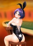  1girl animal_ears ass bangs black_leotard blue_hair blurry bunny_girl bunny_tail bunnysuit chair commentary_request depth_of_field detached_collar from_behind hayami_kanade idolmaster idolmaster_cinderella_girls leotard looking_at_viewer looking_back rabbit_ears riking short_hair sitting smile solo strapless strapless_leotard table tail wrist_cuffs yellow_eyes 