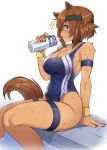  /\/\/\ 1girl animal_ears armband blue_eyes bottle breasts brown_hair collar collarbone commentary dark_skin dog_ears dog_tail english_commentary headband highres iwbitu-sa large_breasts monster_girl monster_musume_no_iru_nichijou one-piece_swimsuit polt short_hair simple_background sitting solo sweat swimsuit tail thigh_strap water water_bottle wristband 