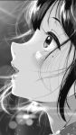  1girl backlighting blush commentary_request face from_side greyscale jorori lens_flare lips looking_afar mole mole_under_eye monochrome original parted_lips profile simple_background solo 