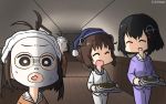  3girls adapted_costume alternate_costume black_hair brown_eyes brown_hair closed_eyes commentary_request dated facial_mask feet_out_of_frame haguro_(kantai_collection) hairband hallway hamu_koutarou hat highres kantai_collection multiple_girls naka_(kantai_collection) open_mouth pajamas plate round_teeth short_hair smile teeth tray upper_teeth yukikaze_(kantai_collection) zoom_layer 