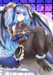  1girl black_wings blue_hair blue_skirt bracelet breast_lift breasts brown_legwear claws cleavage dated dragon_girl hal_(harun) hand_up horns jewelry large_breasts long_hair looking_at_viewer meliusiana pantyhose sennen_sensou_aigis simple_background sitting skirt smile solo tail very_long_hair violet_eyes wings 