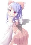  1girl :o ahoge ass bat_wings black_wings blue_hair blush bow commentary_request cosplay detached_sleeves eringi_(rmrafrn) frilled_bow frills hair_bow hair_tubes hakurei_reimu hakurei_reimu_(cosplay) highres japanese_clothes kneeling long_hair long_sleeves looking_at_viewer looking_back miko parted_lips pleated_skirt red_bow red_shirt red_skirt remilia_scarlet shirt simple_background skirt sleeveless sleeveless_shirt solo sweat touhou transparent_wings violet_eyes white_background white_sleeves wings 