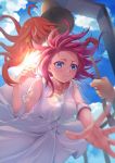  1girl bangs bell_tower blue_sky blunt_bangs blush breasts clouds commentary_request da-cart dress go-toubun_no_hanayome hair_ornament highres large_breasts lens_flare long_hair nakano_nino pink_hair redhead rope sky star star_hair_ornament sun white_dress wig 