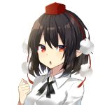  1girl black_hair black_neckwear breasts chestnut_mouth collared_shirt hand_up hat highres komomo_(ptkrx) looking_at_viewer neck_ribbon open_mouth pointy_ears pom_pom_(clothes) red_eyes red_headwear ribbon shameimaru_aya shirt short_hair sidelocks simple_background solo tokin_hat touhou upper_body white_background white_shirt 