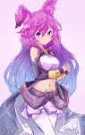  1girl adapted_costume animal_ears bare_shoulders blue_hair blush breasts cleo_(dragalia_lost) commentary dated detached_sleeves dragalia_lost english_commentary eyebrows_visible_through_hair gradient_hair hair_down lavender_background long_hair looking_at_viewer medium_breasts midriff miniskirt multicolored_hair navel no_headwear own_hands_together punished_pigeon purple_hair rabbit_ears simple_background skirt smile solo thigh-highs very_long_hair violet_eyes watermark white_legwear white_skirt 