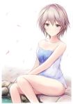  1girl anastasia_(idolmaster) bangs bare_arms bare_legs bare_shoulders blue_eyes breasts cherry_blossom_print cherry_blossoms cleavage collarbone eyebrows_visible_through_hair gradient gradient_background hair_between_eyes idolmaster idolmaster_cinderella_girls looking_at_viewer naked_towel nannacy7 onsen petals rock short_hair sitting small_breasts smile solo towel water white_hair 