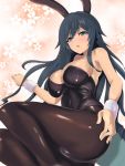  1girl alveira_(brave_girl_ravens) animal_ears aqua_eyes black_hair black_legwear black_leotard brave_girl_ravens breasts bunny_girl bunnysuit collarbone dark_skin floral_background highres large_breasts leotard long_hair orange_background pantyhose rabbit_ears roki_(user_jwjf7748) sitting solo strapless strapless_leotard wrist_cuffs yokozuwari 