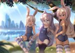  3girls absurdres animal_ears bangs black_legwear blue_sky blurry blurry_background blush breasts bunny_girl bunny_tail city day grey_hair hair_between_eyes highres hotel01 light_rays long_hair mole mole_under_eye multiple_girls open_mouth original outdoors pink_hair ponytail rabbit_ears school_swimsuit short_hair sitting sky small_breasts smile spread_legs standing striped striped_legwear sunbeam sunlight swimsuit tail tan tanline thigh-highs towel tree water wet white_hair 