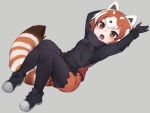  1girl animal_ears arms_up black_bow black_footwear black_gloves black_legwear blush bow brown_eyes eyebrows fangs fur_collar gloves grey_background kemono_friends lesser_panda_(kemono_friends) long_sleeves looking_at_viewer multicolored_hair nyifu open_mouth orange_hair pantyhose red_panda_ears red_panda_tail shoes short_hair shorts simple_background sneakers solo tail teeth tongue white_hair 