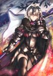  1girl absurdres ahoge armor armored_dress bangs black_dress black_legwear blood breasts cape chains clenched_teeth dress eyebrows_visible_through_hair fate/grand_order fate_(series) fire flag fur-trimmed_cape fur_collar fur_trim gauntlets headpiece highres holding holding_flag holding_sword holding_weapon injury jeanne_d&#039;arc_(alter)_(fate) jeanne_d&#039;arc_(fate) jeanne_d&#039;arc_(fate)_(all) kuromu large_breasts legs_crossed looking_at_viewer short_hair sidelocks silver_hair solo standard_bearer sword teeth thigh-highs tsurime weapon wind yellow_eyes 