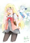  1girl alolan_form alolan_vulpix backpack bag black_legwear blonde_hair creatures_(company) dated dress game_freak gen_1_pokemon glasses green_eyes highres lillie_(pokemon) long_hair nainai nintendo open_mouth pokemon pokemon_(anime) pokemon_(creature) pokemon_sm_(anime) red-framed_eyewear school_uniform short_dress short_sleeves signature vulpix 