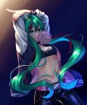  1girl absurdres arm_up arms_up belt black_bra black_pants blue_hair bra breasts bubble_blowing chewing_gum cleavage cowboy_shot floating_hair green_eyes green_hair hair_between_eyes hatsune_miku highlights highres index_finger_raised inu8neko long_hair long_sleeves looking_at_viewer midriff multicolored multicolored_hair multicolored_nails nail_polish navel pants redhead shiny shiny_clothes small_breasts solo standing stomach twintails underwear unzipped very_long_hair vocaloid white_sleeves 
