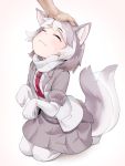  1girl ^_^ afterimage animal_ear_fluff animal_ears asutora bangs blazer blush closed_eyes closed_eyes commentary dog_(kemono_friends) dog_ears dog_tail elbow_gloves eyebrows_visible_through_hair fur-trimmed_sleeves fur_trim gloves grey_background grey_hair grey_jacket grey_skirt highres jacket kemono_friends miniskirt multicolored_hair necktie pantyhose paw_pose petting pleated_skirt red_neckwear scarf seiza shirt short_hair short_sleeves silver_hair simple_background sitting skirt smile solo_focus tail tail_wagging white_gloves white_legwear white_scarf white_shirt 