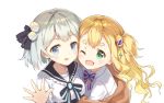  2girls :d ;d aliter bangs black_bow black_ribbon black_sailor_collar blonde_hair blue_eyes blush bow breasts brown_jacket collarbone collared_shirt commentary_request eyebrows_visible_through_hair fang green_eyes grey_hair hair_cubes hair_ornament hair_ribbon hand_up jacket long_hair multiple_girls off_shoulder one_eye_closed open_clothes open_jacket open_mouth original ribbon sailor_collar shirt short_eyebrows simple_background small_breasts smile striped striped_bow thick_eyebrows upper_body white_background white_shirt 
