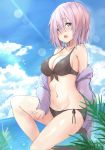  1girl absurdres bikini black_bikini blush breasts cleavage clouds commentary_request fate/grand_order fate_(series) front-tie_top hand_on_thigh highres jacket large_breasts lavender_eyes lavender_hair mash_kyrielight navel open_mouth saku_(kudrove) short_hair shrug_(clothing) side-tie_bikini sky solo sunlight swimsuit thighs water 