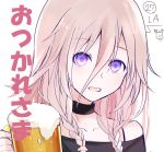  1girl alcohol bangs bare_shoulders beer beer_mug black_choker black_shirt braid choker collarbone cup eyebrows_visible_through_hair foam hair_between_eyes holding holding_cup ia_(vocaloid) light_brown_hair long_hair looking_at_viewer off-shoulder_shirt off_shoulder shirt simple_background solo translation_request twin_braids upper_body violet_eyes vocaloid white_background yuuki_kira 