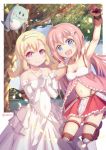  2girls blonde_hair blue_eyes blush breasts chibi_dragon cleavage covered_navel crown dress elbow_gloves endro! eyebrows eyebrows_visible_through_hair gloves hair_ornament hairclip light_rays long_hair medium_hair midriff multiple_girls navel open_mouth outdoors pink_hair rona_pricipa_o_rabanesta sky small_breasts smile tree violet_eyes white_gloves yuria_shardet yusshii 