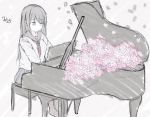  1girl 7_calpis_7 bangs blush_stickers closed_eyes closed_mouth commentary_request dated eyebrows_visible_through_hair flower greyscale hair_between_eyes instrument long_sleeves monochrome music neckerchief original pantyhose petals piano piano_bench pink_flower playing_instrument playing_piano pleated_skirt sailor_collar school_uniform serafuku shirt skirt smile solo spot_color 