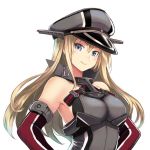 1girl bangs bare_shoulders bismarck_(kantai_collection) blonde_hair blue_eyes blush breastplate breasts closed_mouth detached_sleeves hair_between_eyes hat kantai_collection large_breasts long_hair looking_at_viewer military military_hat military_uniform peaked_cap sidelocks simple_background smile solo terrajin uniform upper_body white_background 