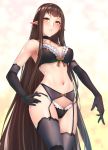  1girl black_choker blush bra breasts brown_eyes brown_hair character_request choker cleavage copyright_request elbow_gloves fate/apocrypha fate_(series) gloves hand_on_hip lace lace-trimmed_bra lace-trimmed_panties large_breasts lingerie panties semiramis_(fate) solo thigh-highs underwear white_background white_bag zucchini 