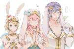  1boy 2girls alternate_costume animal_ears blonde_hair blue_eyes blue_hair breast_envy brother_and_sister closed_eyes closed_mouth crown earrings est_tm fake_animal_ears fire_emblem fire_emblem_heroes fjorm_(fire_emblem_heroes) gloves gradient_hair gunnthra_(fire_emblem) hair_ornament hrid_(fire_emblem_heroes) jewelry long_hair long_sleeves multicolored_hair multiple_girls nintendo open_mouth own_hands_together parted_lips pink_hair rabbit_ears short_hair siblings silver_hair simple_background sisters spiky_hair upper_body veil white_background white_gloves 