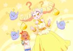  2girls ? absurdres amamiya_erena blonde_hair bottle clone earrings fur hair_ornament hair_tonic highres jewelry otokamu precure princess_libra_(precure) prunce_(precure) scales_hair_ornament star star-shaped_pupils star_princess star_twinkle_precure symbol-shaped_pupils twintails 