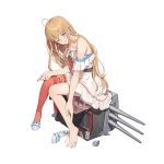  1girl 3; ahoge bandaid barefoot blue_eyes dress feet full_body high_heels light_brown_hair long_hair northampton_(warship_girls_r) official_art one_eye_closed red_legwear rolling_suitcase shoe_removed shoes shoes_removed shuang_ye sidelocks single_shoe single_thighhigh sitting solo thigh-highs toes transparent_background turret warship_girls_r white_dress 