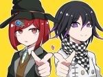  1boy 1girl black_hair black_headwear bob_cut checkered checkered_scarf commentary_request dangan_ronpa dot_nose eyebrows_visible_through_hair hair_between_eyes hair_ornament hairclip hat heart highres jacket looking_at_viewer new_dangan_ronpa_v3 ouma_kokichi piatin pink_heart pointing pointing_at_viewer purple_hair red_eyes redhead scarf school_uniform shirt simple_background smile straitjacket sweater violet_eyes white_jacket witch_hat yellow_background yumeno_himiko 
