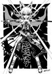  1girl anklet bare_legs black_background blackcat_(pixiv) dated dot_nose dress greyscale grin hair_between_eyes jewelry legs_apart looking_at_viewer monochrome pointy_hair sandals sheath short_hair smile sword touhou toyosatomimi_no_miko unsheathing weapon 
