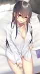  1girl :d bed breasts brown_eyes brown_hair eyebrows_visible_through_hair hair_between_eyes highres large_breasts long_hair looking_at_viewer onineko-chan open_mouth original panties sitting sleeveless smile solo teeth underwear white_panties 