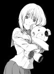  1girl bangs black_background boko_(girls_und_panzer) bruise commentary_request girls_und_panzer greyscale highres holding holding_stuffed_animal injury long_sleeves looking_at_viewer moekichi monochrome nishizumi_miho ooarai_school_uniform school_uniform serafuku short_hair smile solo stuffed_animal stuffed_toy teddy_bear 