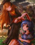  2girls animal_ears bangs black_dress black_headwear blonde_hair blue_dress blue_hair bunny_tail closed_eyes clouds crying crying_with_eyes_open dress ear_clip eyebrows_visible_through_hair facing_another flower grass holding holding_flower junko_(touhou) kayon_(touzoku) long_hair looking_at_another multiple_girls on_ground outdoors parted_lips puffy_short_sleeves puffy_sleeves rabbit_ears red_eyes seiran_(touhou) short_sleeves sitting sky star_(sky) starry_sky sunset tabard tail tears touhou very_long_hair 
