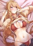  1girl athena_(granblue_fantasy) bangs beige_sweater blonde_hair blush bra braid breasts breasts_apart clothes_lift collarbone collared_shirt granblue_fantasy half-closed_eyes hands_up highres large_breasts long_hair looking_away lying navel nukkoru on_back open_fly panties pants_pull red_bra red_panties shirt shirt_lift sidelocks skindentation solo stomach sweater sweater_lift twin_braids underwear very_long_hair violet_eyes white_shirt 