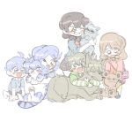  2boys 3girls akuno_hideo akuno_hideo&#039;s_brother amane_(idolmaster) animalization bear blue_hair blush_stickers brown_hair cat child dog glasses hair_ornament hairclip hazama_michio hazama_michio&#039;s_sister hug idolmaster idolmaster_side-m kneeling multiple_boys multiple_girls nongtaro pleated_skirt school_uniform shingen_seiji short_hair simple_background skirt smile taiga_takeru taiga_takeru&#039;s_brother taiga_takeru&#039;s_sister tiger tiger_cub white_background 