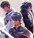  1girl 2boys blue_eyes blue_hair cape family father_and_daughter fingerless_gloves fire_emblem fire_emblem:_ankoku_ryuu_to_hikari_no_tsurugi fire_emblem:_kakusei fire_emblem:_mystery_of_the_emblem fire_emblem:_shin_ankoku_ryuu_to_hikari_no_tsurugi fire_emblem:_shin_monshou_no_nazo fire_emblem_heroes gloves haraitai highres holding holding_sword holding_weapon intelligent_systems krom long_hair looking_at_viewer lucina marth multiple_boys nintendo pauldrons smile sora_(company) super_smash_bros. super_smash_bros._ultimate super_smash_bros_brawl super_smash_bros_for_wii_u_and_3ds sword tiara traditional_media watercolor_(medium) weapon 