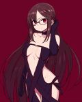  1girl asymmetrical_bangs bangs breasts brown_hair chan_co commentary_request consort_yu_(fate) elbow_gloves fate/grand_order fate_(series) glasses gloves groin hair_tucking hip_focus long_hair medium_breasts multiple_piercings navel red_eyes semi-rimless_eyewear solo thighs 