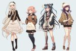  4girls :3 alternate_costume belt black_belt black_bow black_footwear black_hair black_legwear black_skirt black_sweater blonde_hair blue_hair blush boots bow braid breasts brown_scarf chewing_gum commentary criis-chan dangan_ronpa ear_piercing english_text eyebrows_visible_through_hair fishnet_legwear fishnets hair_bow hair_ornament hairband hairclip jacket lip_piercing long_hair long_skirt long_sleeves looking_at_another miniskirt mioda_ibuki mismatched_legwear multicolored_hair multiple_girls nanami_chiaki open_clothes open_jacket piercing pink_eyes pink_footwear pink_hair scarf shoes short_hair shorts simple_background skirt sonia_nevermind stitches super_dangan_ronpa_2 sweater thigh-highs tsumiki_mikan tumblr_username two-tone_jacket upper_teeth very_long_hair white_hair wide_sleeves 
