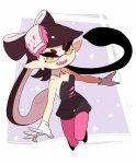  +_+ 1girl aori_(splatoon) bare_shoulders black_hair black_jumpsuit breasts cleavage coula_cat detached_collar domino_mask earrings fang food food_on_head full_body gloves hair_rings highres jewelry mask mole mole_under_eye object_on_head open_mouth orange_hair pantyhose pink_legwear pointy_ears short_jumpsuit small_breasts solo splatoon splatoon_(series) splatoon_1 strapless symbol-shaped_pupils tentacle_hair thigh_gap white_gloves 