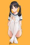  1girl ass bangs black_hair blue_buruma bottle breasts buruma collarbone feet full_body gym_uniform hands_up highres holding holding_bottle knees_up long_hair looking_at_viewer medium_breasts mole mole_under_eye no_shoes orange_background original parted_bangs parted_lips qian_yuan shadow shirt short_sleeves simple_background sitting smile solo thigh-highs twintails violet_eyes water_bottle white_legwear white_shirt 