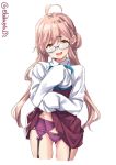  1girl bow bowtie double_bun dress ebifurya eyebrows_visible_through_hair glasses hair_between_eyes hair_bun highres kantai_collection lifted_by_self long_sleeves makigumo_(kantai_collection) panties pink_hair purple_legwear purple_panties remodel_(kantai_collection) school_uniform shirt simple_background sleeves_past_wrists solo twintails underwear white_background white_shirt yellow_eyes 