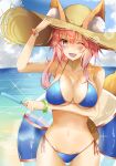  1girl animal_ears bangle beach bikini blue_bikini blue_sky bracelet breast_lift breasts cleavage clouds collarbone day ears_through_headwear erect_nipples fang fate/grand_order fate_(series) food fox_ears fox_tail hand_up hat highres innertube jewelry large_breasts long_hair looking_at_viewer navel one_eye_closed open_mouth pink_hair popsicle shadow side-tie_bikini sky smile solo standing sun_hat swimsuit tail tamamo_(fate)_(all) tamamo_no_mae_(swimsuit_lancer)_(fate) tukise_33 