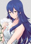  1girl a_meno0 bare_shoulders blue_eyes blue_hair blush collarbone cute dress fire_emblem fire_emblem:_kakusei flower intelligent_systems long_hair looking_at_viewer lucina nintendo sleeveless sleeveless_dress smile solo sundress sunflower tiara white_dress 