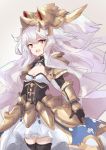  1girl armor armored_dress bangs blunt_bangs blush breasts crown fang gloves granblue_fantasy headpiece lavender_hair long_hair looking_at_viewer medusa_(shingeki_no_bahamut) open_mouth pointy_ears red_eyes shingeki_no_bahamut shoulder_armor simple_background sketch small_breasts smile solo thigh-highs yu-ves 