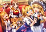  6+girls alice_margatroid beer_mug black_headwear blonde_hair blue_eyes blush bow brown_eyes brown_hair closed_eyes facing_viewer food french_fries hair_bow hair_tubes hairband hakurei_reimu hat holding holding_instrument holding_menu ibuki_suika instrument kirisame_marisa kyon_(fuuran) long_hair looking_at_viewer maracas multiple_girls musical_note open_mouth orange_hair red_bow shanghai_doll short_hair sitting smile table touhou witch_hat yellow_eyes 